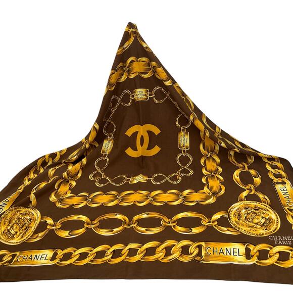 CHANEL Accessories - CHANEL PARIS Brown/Gold Silk Scarf Chain Print  34" Square   Luxury  Old Money